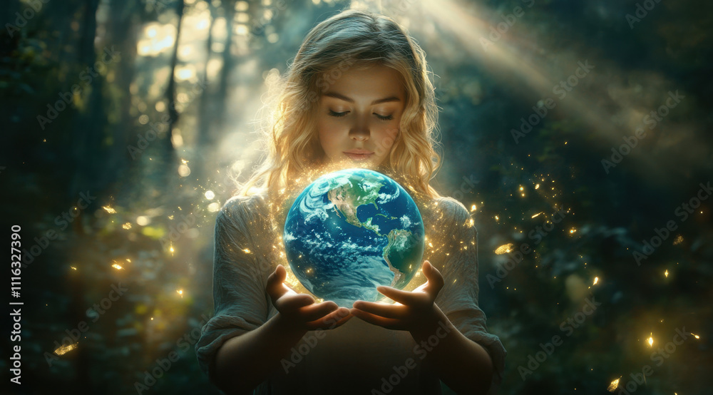 Naklejka premium A beautiful blond woman holds a blue glowing Earth in her hands against the background of dark clouds and the sun's rays breaking through them.