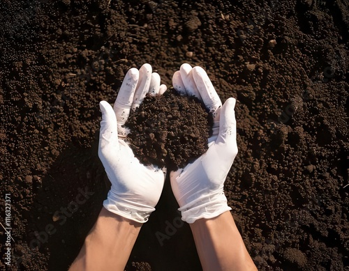 Close up hand holding soil peat moss. Generated image