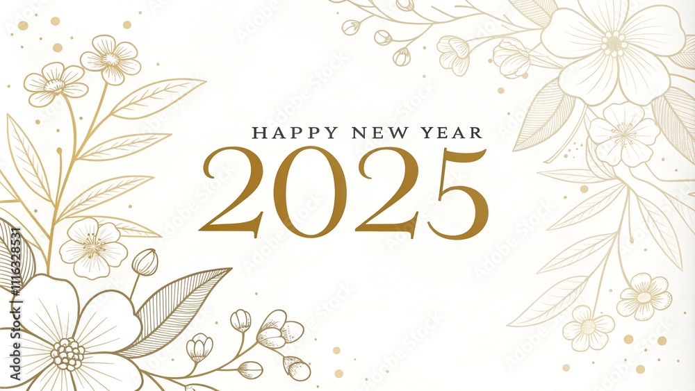 Obraz premium Happy New Year 2025 festive poster with 3D gold typography, fireworks, black background, metallic confetti, abstract effect, perfect for banners, ads, social media, high-resolution download design