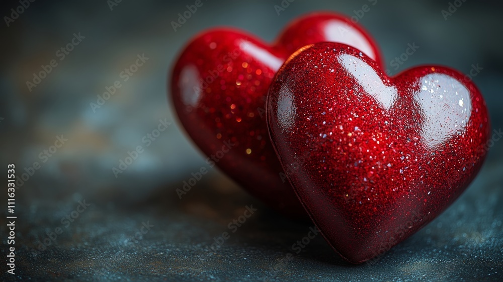Captivating Close Up of Sparkling Red Heart Decorations Captivating Close Up of Sparkling Red Heart Decorations