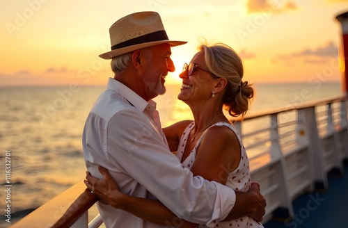 Couple enjoying a romantic sunset on a cruise ship with ocean views