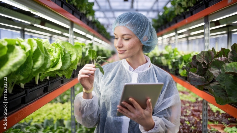 A woman in a greenhouse inspects plants while using a tablet for monitoring. A woman in a greenhouse inspects plants while using a tablet for monitoring.