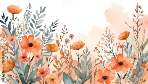 Watercolor floral arrangement in peach and gray tones