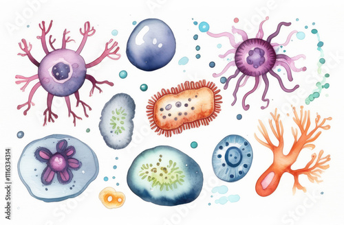Watercolor set of cartoon bacteria macro view, coccus cells, biological background