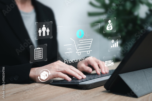 Procurement Management Industry concept, Businesswomen planning and logistics management, Supply chain and inventory, procurement in ensuring efficiency, Transportation import-export, Best products