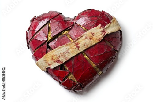 a patched up broken red heart isolated on white background photo