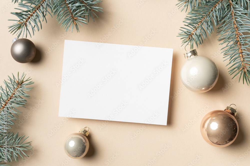 Christmas or New Year greeting card mockup with festive decorations Christmas or New Year greeting card mockup with festive decorations