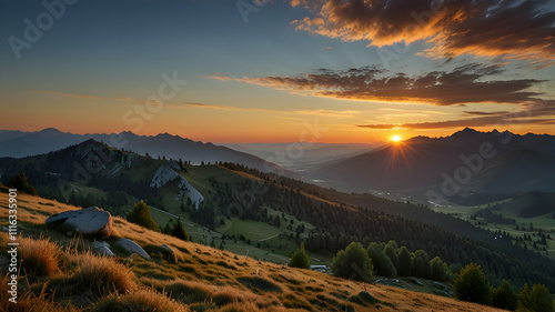 scenic mountain vista at sunrise. Rolling hills, forests, and distant peaks photo