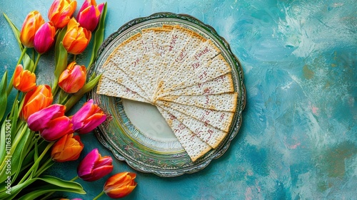 Vibrant Passover Setup with Seder Plate photo