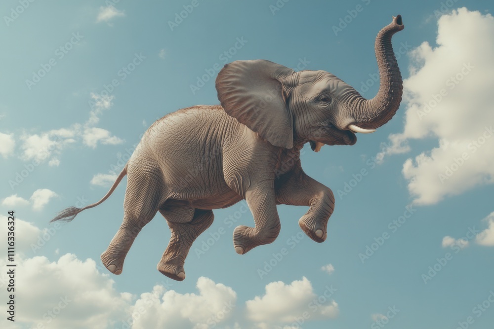 Obraz premium This image features a large elephant in a whimsical, surreal setting, appearing to soar gracefully among the fluffy clouds against a serene blue sky.