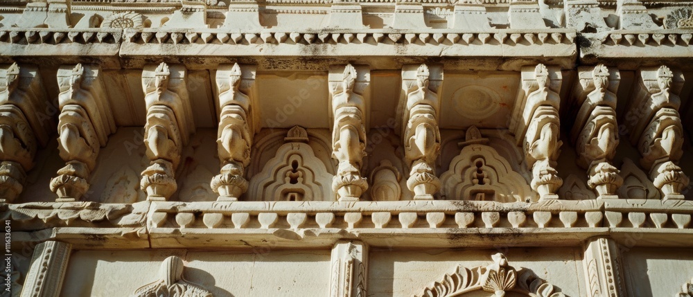 Fototapeta premium Ornate stone carvings line an ancient wall, showcasing intricate designs and cultural heritage.