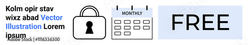 Padlock icon next to a round calendar marked monthly and bold text FREE. Ideal for promotion, access control, subscription plans, marketing, security, time management, free offers. Landing page