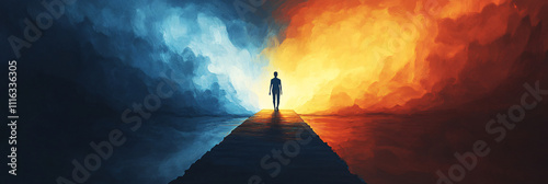 A person standing on a bridge of light, with one side representing past family trauma and the other side radiating healing and reconciliation. 