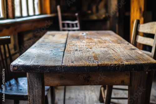 A simple wooden table stands in a cozy indoor setting, surrounded by wooden chairs and touches of rustic charm, symbolizing warmth and comfort of home life.