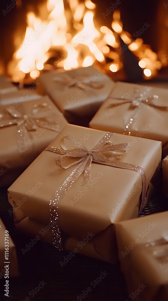 Presents by fireplace. Presents by fireplace.