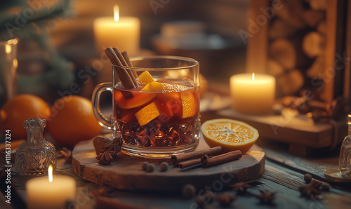 A mulled wine setup with cinnamon sticks, oranges, and cloves in a cozy setting. photo