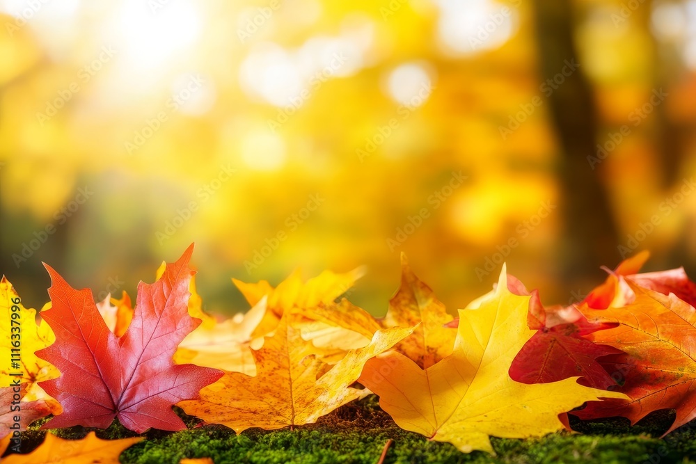 Vibrant Autumn Leaves Lying on Mossy Ground with Soft Focus Background in Warm Tones of Yellow, Orange, and Red Capturing the Essence of Fall Season Vibrant Autumn Leaves Lying on Mossy Ground with Soft Focus Background in Warm Tones of Yellow, Orange, and Red Capturing the Essence of Fall Season