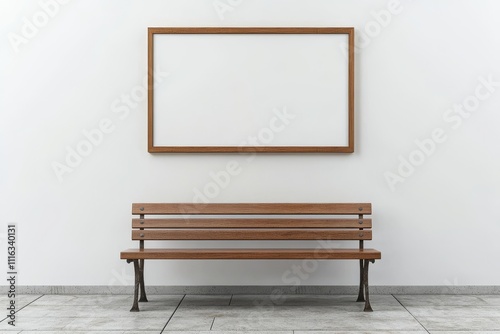 Empty Wooden Bench and Blank Frame Mockup in Minimalist Interior photo