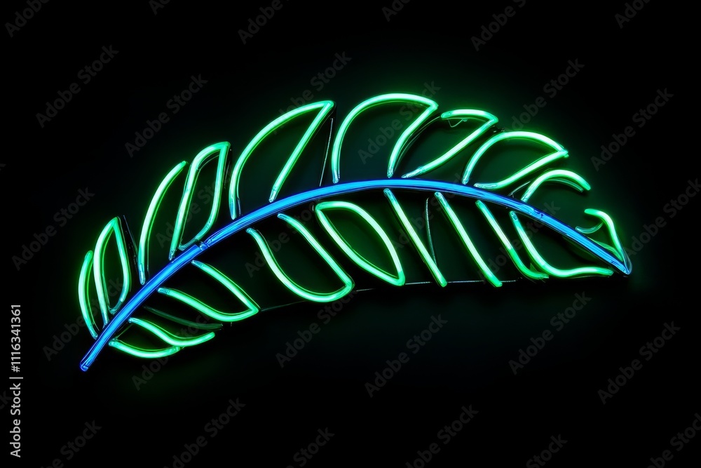 Fototapeta premium Vibrant Neon Leaf Design Illuminating Dark Background with Bright Green and Blue Colors Offering a Modern Artistic Touch for Creative Projects