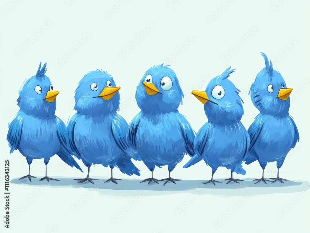 Obraz premium Cartoon birds standing side by side with beaks open and eyes looking upwards.