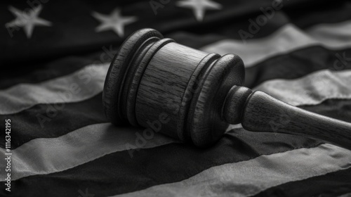 A gavel with a court in the background, symbolizing the legal system and American justice.