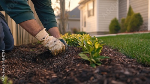 Hands diligently apply fresh mulch around young shrubs in a residential garden. The warm evening glow enhances the rich soil and new growth, showcasing the beauty of garden care