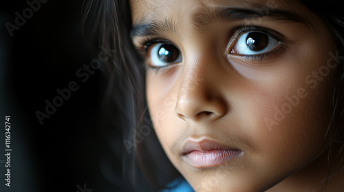 portrait of a young refugee girl embodying the consequences of the conflict, poverty, upset face of a child in close-up, children against war photo