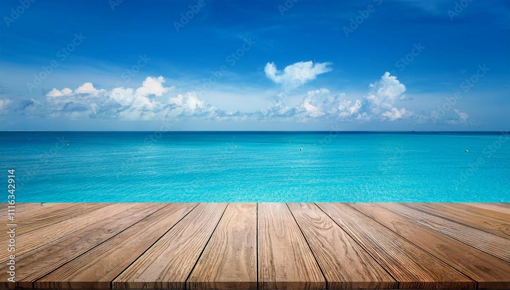 Obraz premium Tablero de madera tabla vacía delante del fondo azul del mar y del cielo. Perspectiva de piso de madera sobre el mar y el cielo 