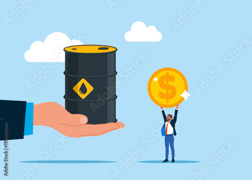 Businessman buys сrude oil. Hand holding oil barrel. Sale of petroleum products and fuels. Petroleum in barrel. Modern flat vector illustration.