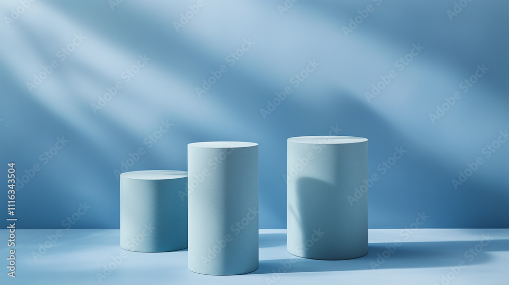 Fototapeta premium Product Pedestals in Minimalist Sky Blue Background for Product Photography, Showcase and Display.