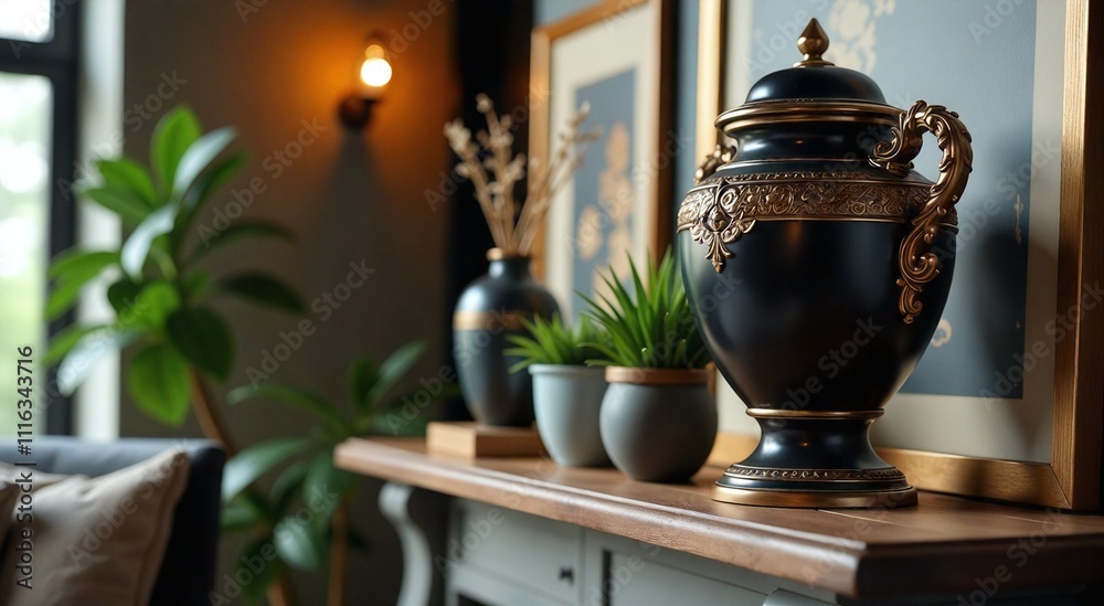 Elegantly designed funeral urn on display in a serene memorial space with potted plants and framed art celebrating cherished memories of loved ones Elegantly designed funeral urn on display in a serene memorial space with potted plants and framed art celebrating cherished memories of loved ones