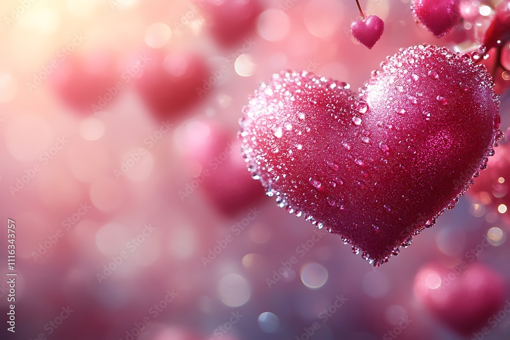 Obraz premium Close up red Heart shapes with rain water drops on pink sponge surface as love romance abstract background 