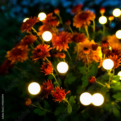 Night View Of Flowerbed Illuminated By Energy-Saving Solar Powered Beautiful Small Garden lamps