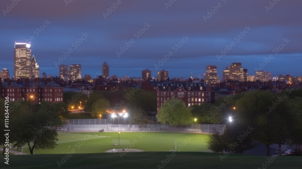 Fototapeta premium Night cityscape view with illuminated sports field and trees.