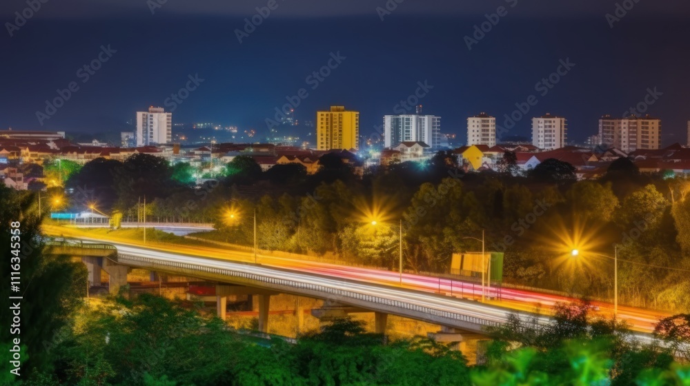 Fototapeta premium Night cityscape with highway and blurred light trails.