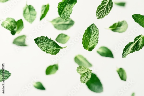 A scattered collection of fresh mint leaves floating in mid-air against a white background