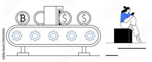 Bitcoin and dollar symbols moving on a conveyor belt with gears, next to a seated person using a tablet. Ideal for technology, finance, cryptocurrency, investment, productivity, innovation, digital