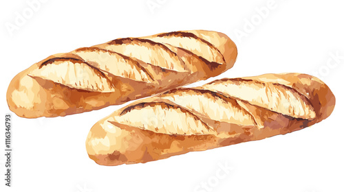 Watercolor style rustic artisan loaf of sourdough baguette brown buns bakery crust French baguettes isolated on white background Watercolor painting tasty