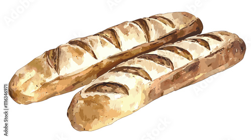 Watercolor style rustic artisan loaf of sourdough baguette brown buns bakery crust French baguettes isolated on white background Watercolor painting tasty