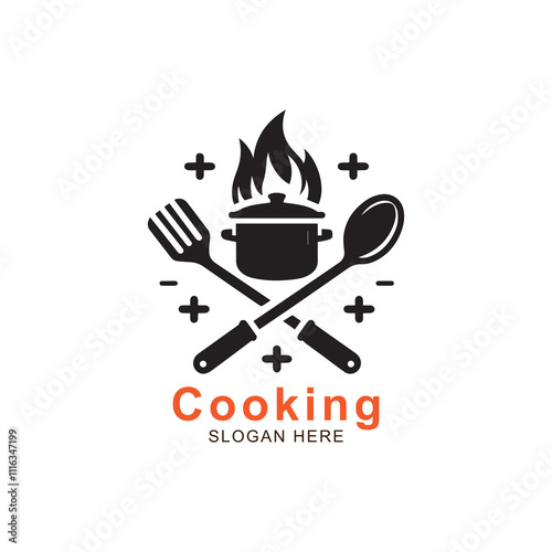 hot pot, croos spoon,fire cooking logo 