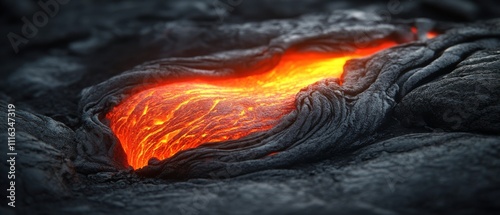 Glowing lava oozes across a rugged surface, showcasing nature’s raw and untamed force, with intense heat and mesmerizing patterns. photo