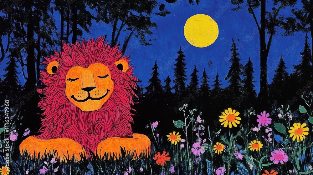 Fototapeta premium Sleeping Lion Under Moonlight