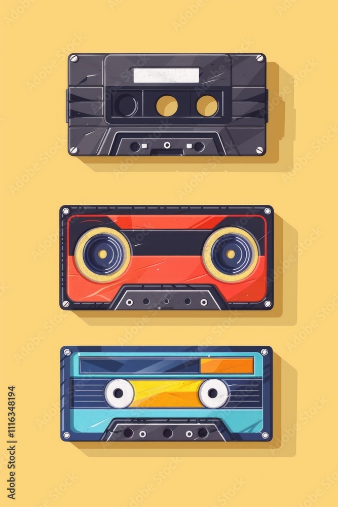 Three cassette tapes displayed on a bright yellow background, representing an era of analog music and recording history. Three cassette tapes displayed on a bright yellow background, representing an era of analog music and recording history.