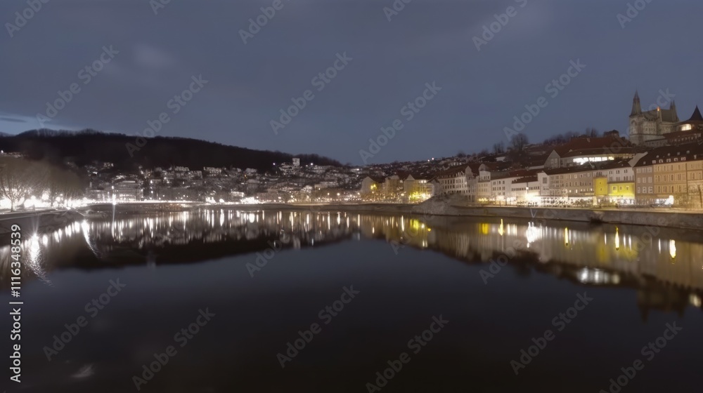 Obraz premium Night cityscape with river reflection, illuminated buildings, hills, and calm water.