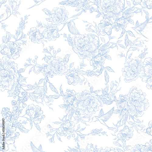 Graphic seamless pattern with flowers and birds. Illustration
