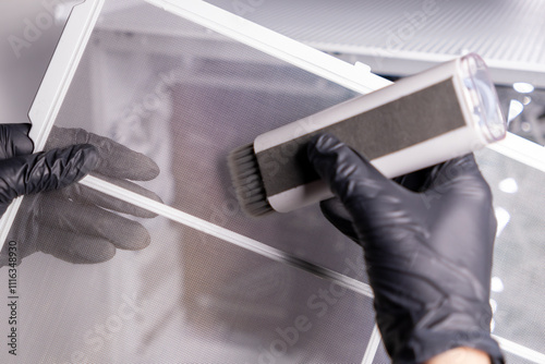 Wall Mural brushing pc case filter, gloves, cleaning dust, hand holding brush, filter maint