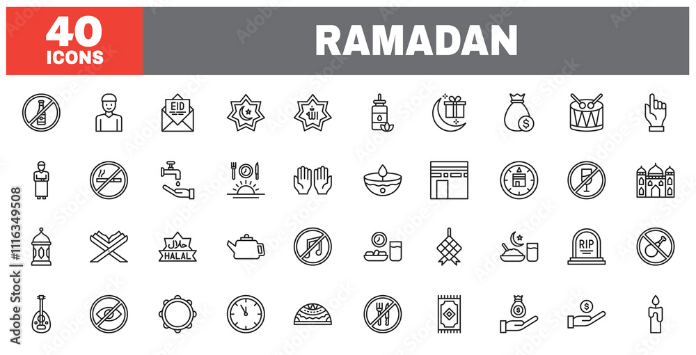 Set of 40 line icons ramadan. Outline icon collection. Editable stroke. Vector illustration. Set of 40 line icons ramadan. Outline icon collection. Editable stroke. Vector illustration.