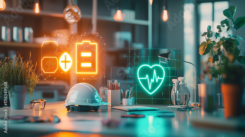 Concept of professional HSE (Health, Safety, Environment) banner featuring clean, modern visuals. Green eco-friendly symbols, heartbeat icon, helmet, leaf, globe. Neon accents 