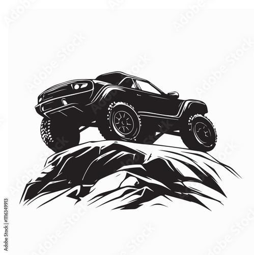 Black and white off-road vehicle on a rocky cliff  Image vector isolated on white background 