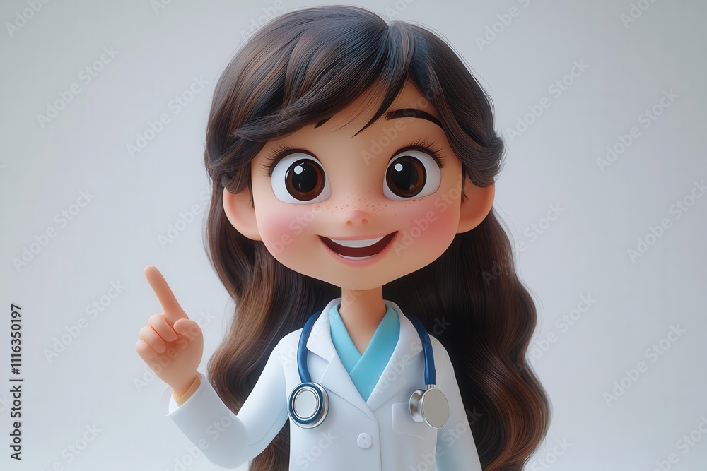 3d cartoon character of a smiling young female doctor, animatedly pointing with one hand, set against a simple white background, ideal for healthcare and friendly branding
